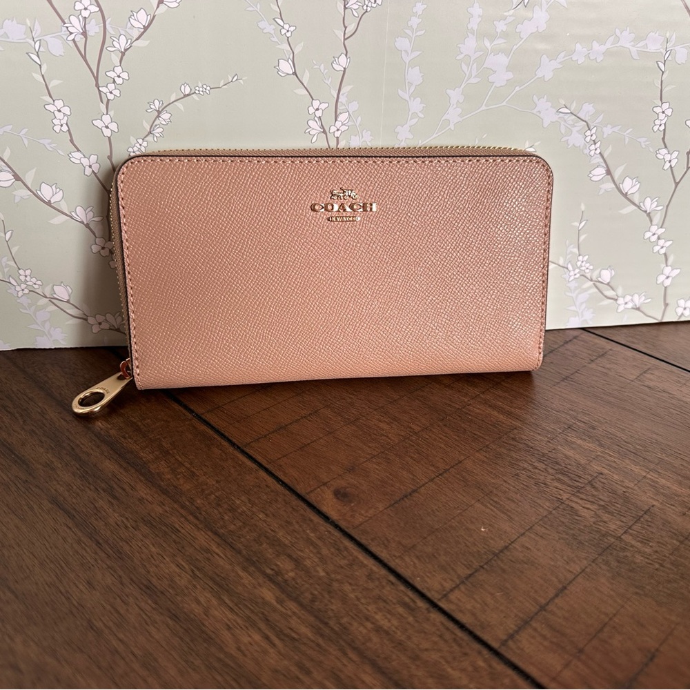 Coach Long Zip Around Wallet - Beige/Taupe Exterior Burgundy Interior